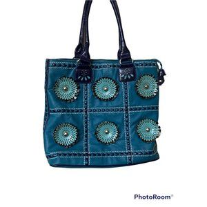 Nicole Lee Handbag Purse Bag Blue Teal 3D‎ Flower Design Detailed Tote
